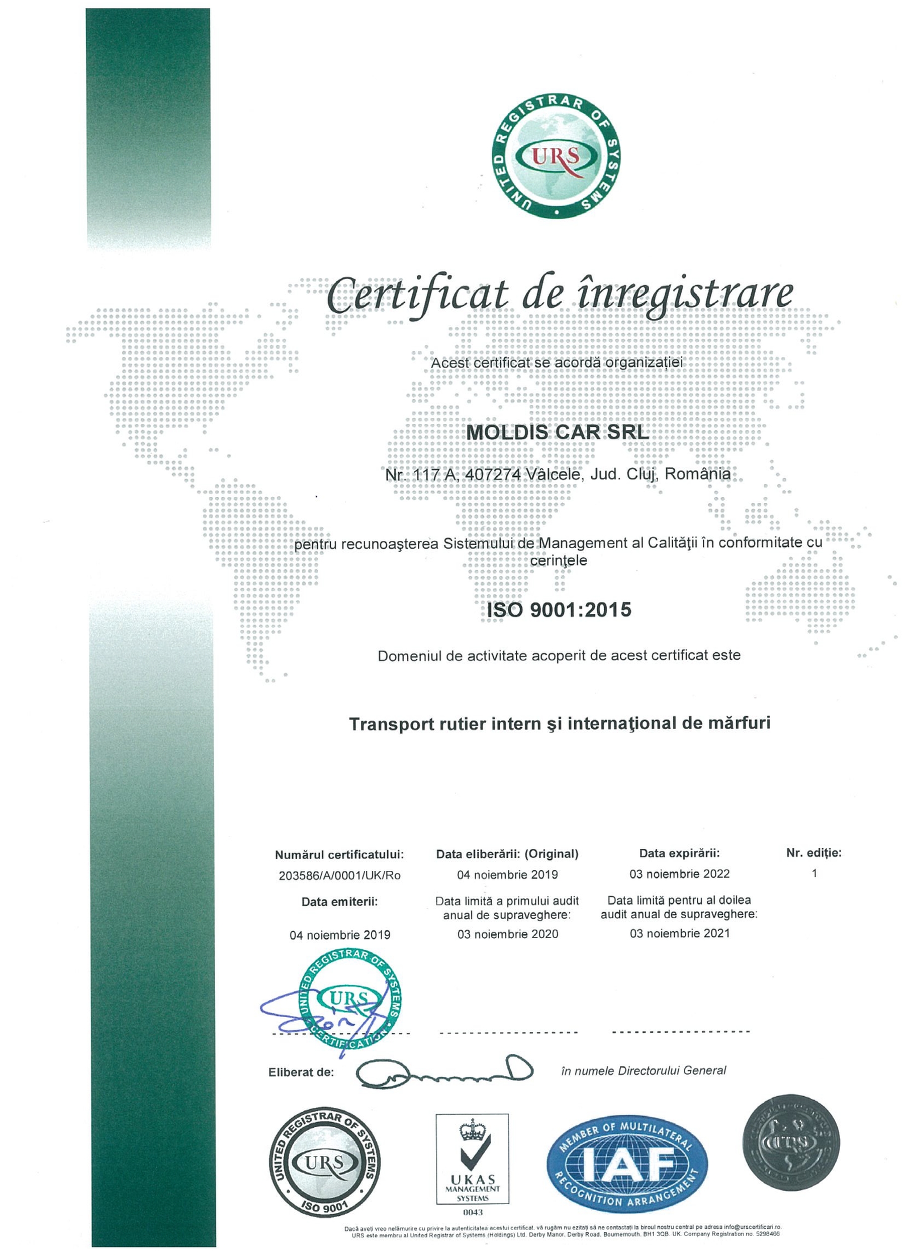 Certificat ISO 9001 2015 MOLDIS CAR SRL